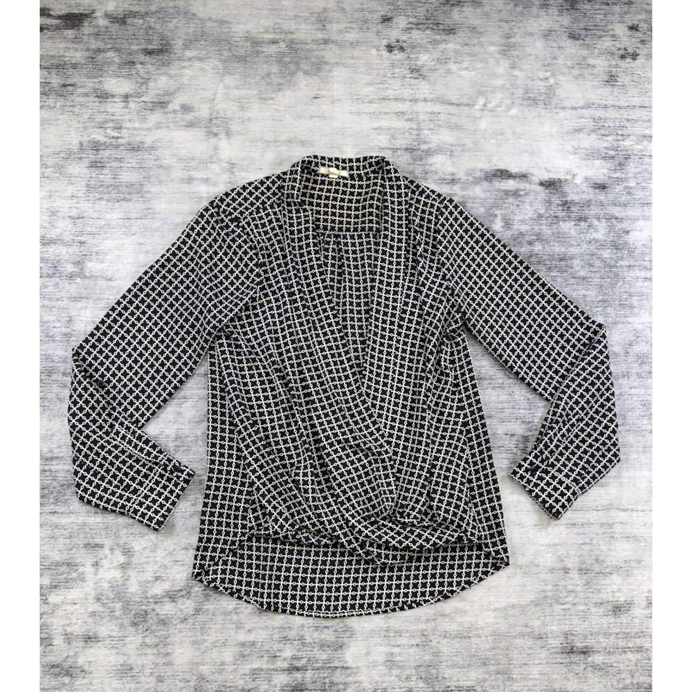 Pleione Womens Black White Geometric Chain Link Surplice Blouse Size M 55297